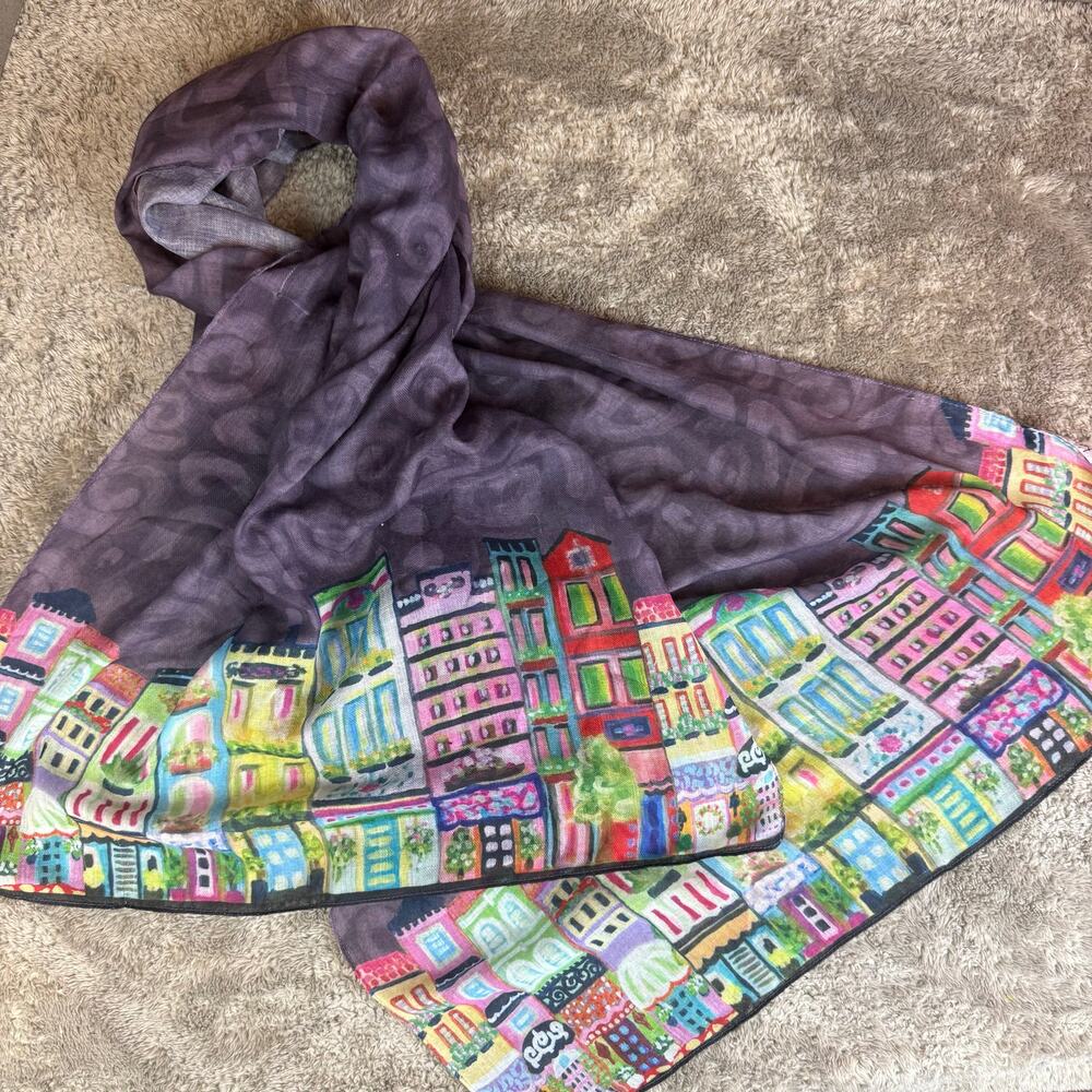 Karen Fields Scarf Wrap Purple City Houses Print Art to Wear Deco Demdaco